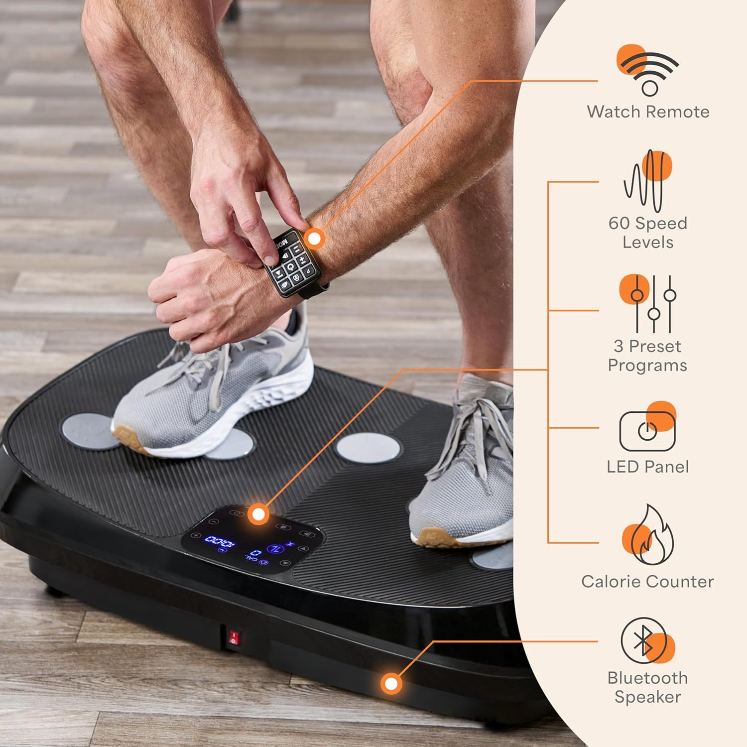 This image breaks down the vibration platform's key physical components and features using callout lines and icons, helping shoppers understand what the product includes and how it's structured.