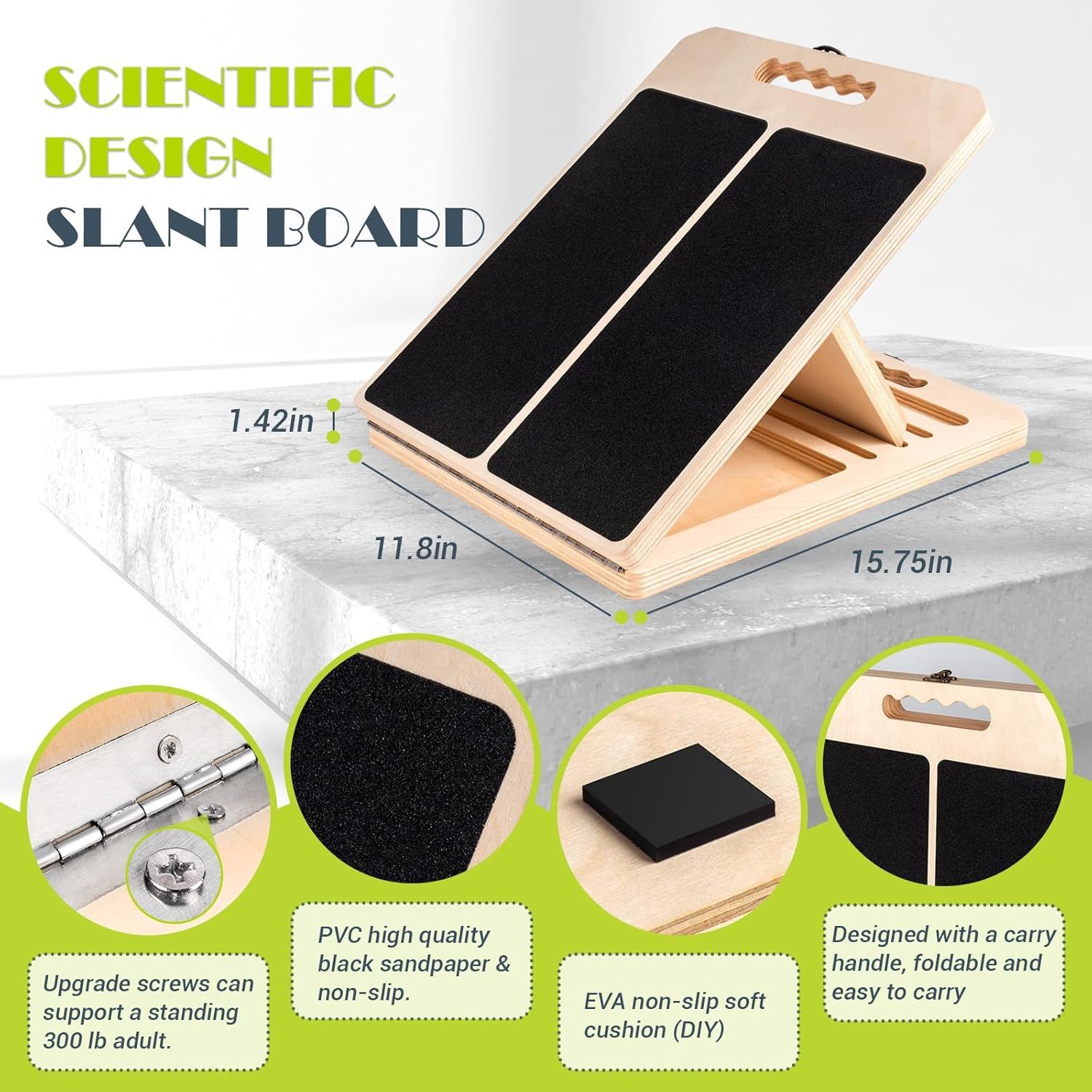 Communicates multiple distinct benefits of the slant board through a segmented layout with callout circles and text blocks, highlighting durability,…