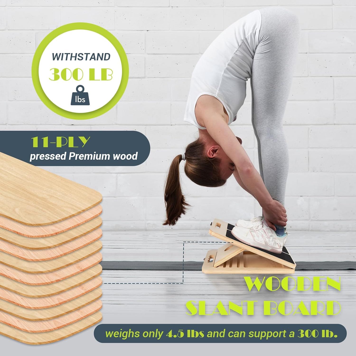 Communicates the product's impressive strength-to-weight ratio, showing it can support 300 lbs while weighing only 4.5 lbs, reassuring shoppers of its durability and portability. Highlights the…