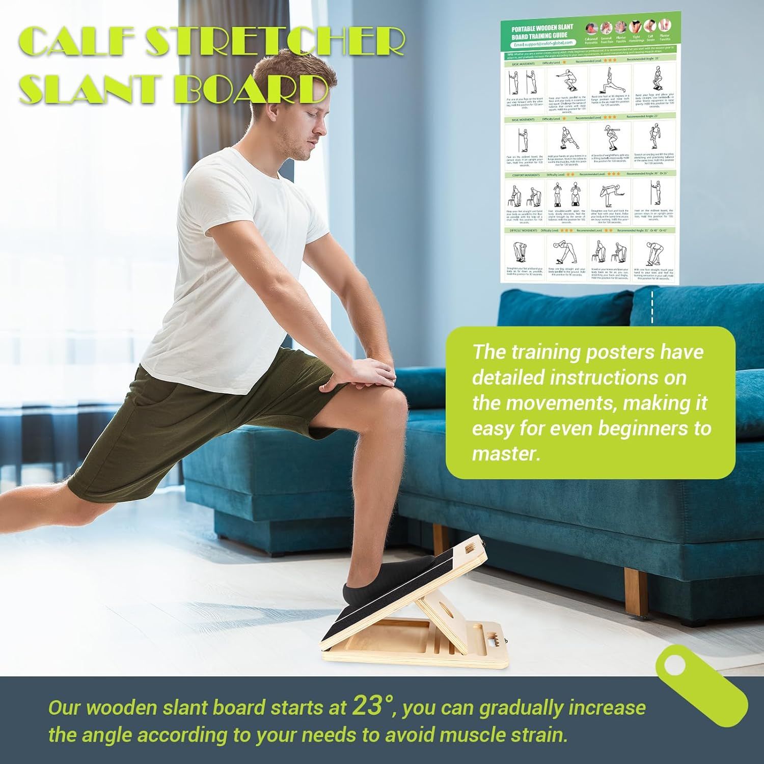 Communicates multiple benefits of the calf stretcher slant board: the included detailed training poster makes it beginner-friendly, and the adjustable angle…