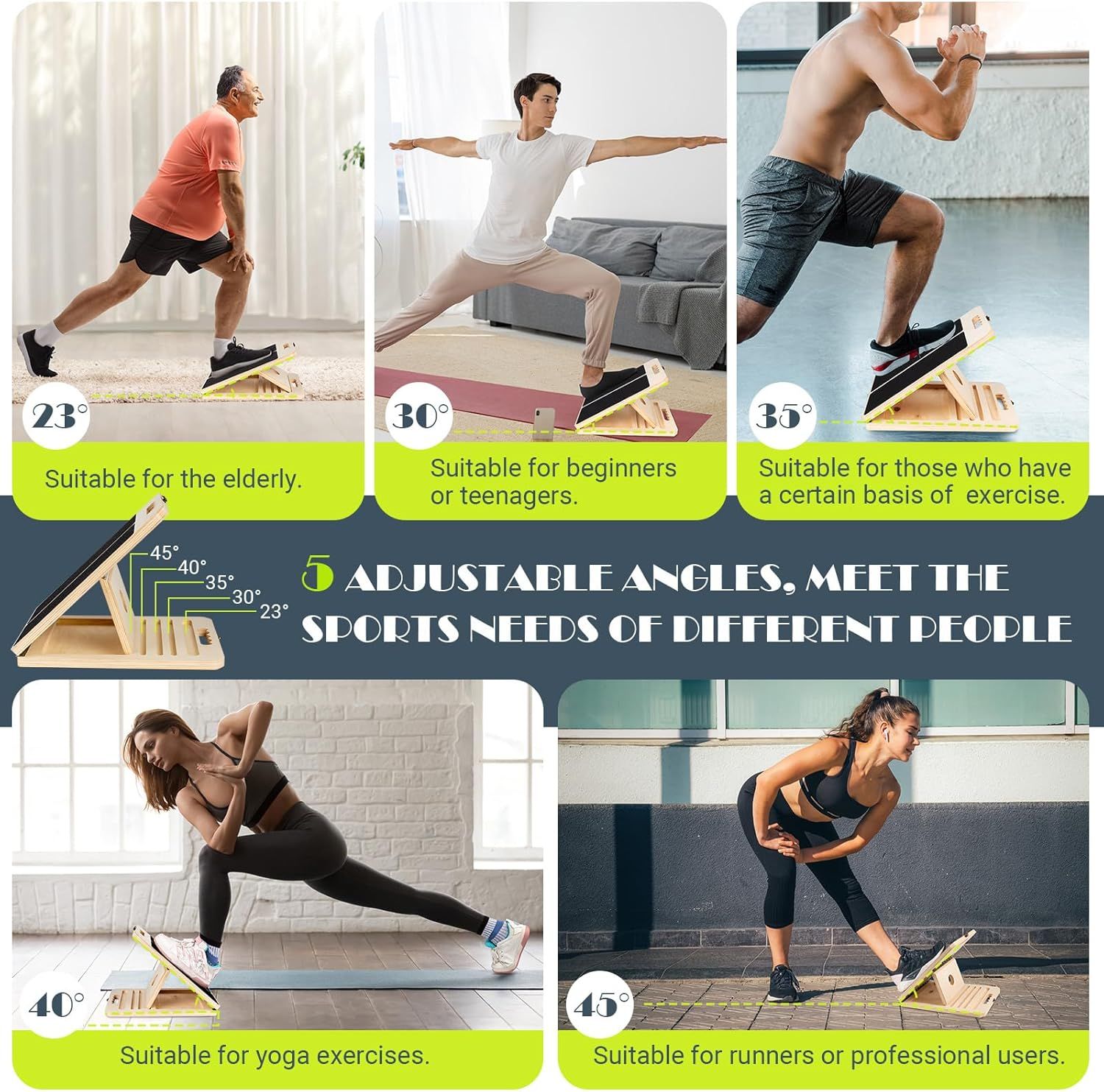 Demonstrates the product's versatility by showing it can be used by different user groups (elderly, beginners, intermediate, yoga practitioners, and…