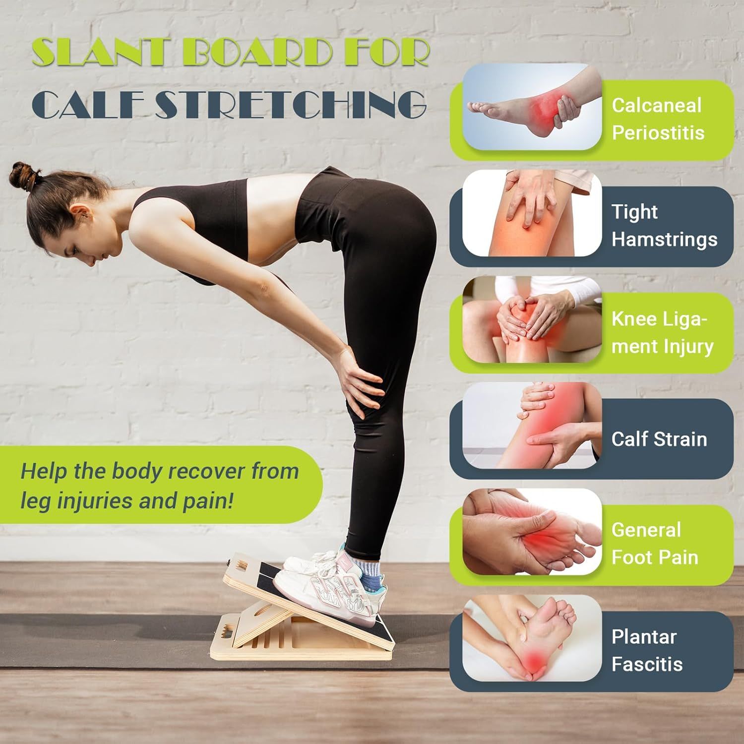 Demonstrates the multiple leg and foot conditions that the slant board can help address, showing shoppers the versatility and wide range of therapeutic…