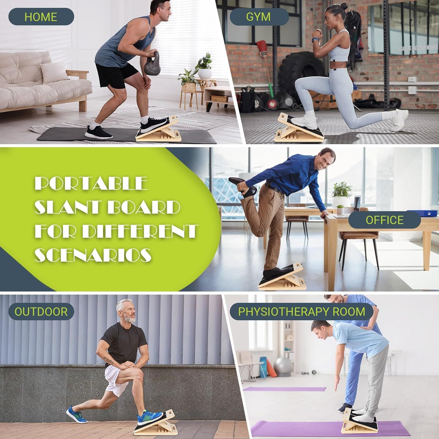 Demonstrates the portable slant board's versatility by showing it can be used in multiple settings—home, gym, office, outdoor, and physiotherapy—to reassure…