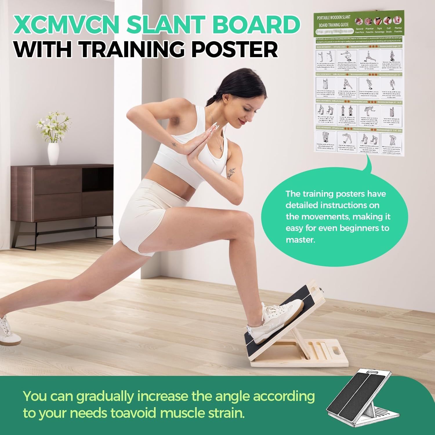 Communicates multiple benefits of the slant board: it comes with a detailed training poster for guidance, has adjustable angles to prevent muscle strain, and…