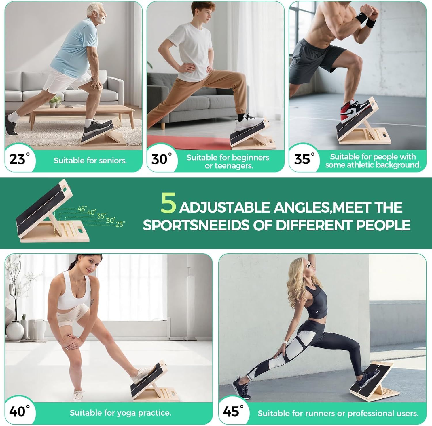 Demonstrates the product's versatility by showing five different use cases across various fitness levels and activities, from seniors to professional athletes, emphasizing the adjustable angle…