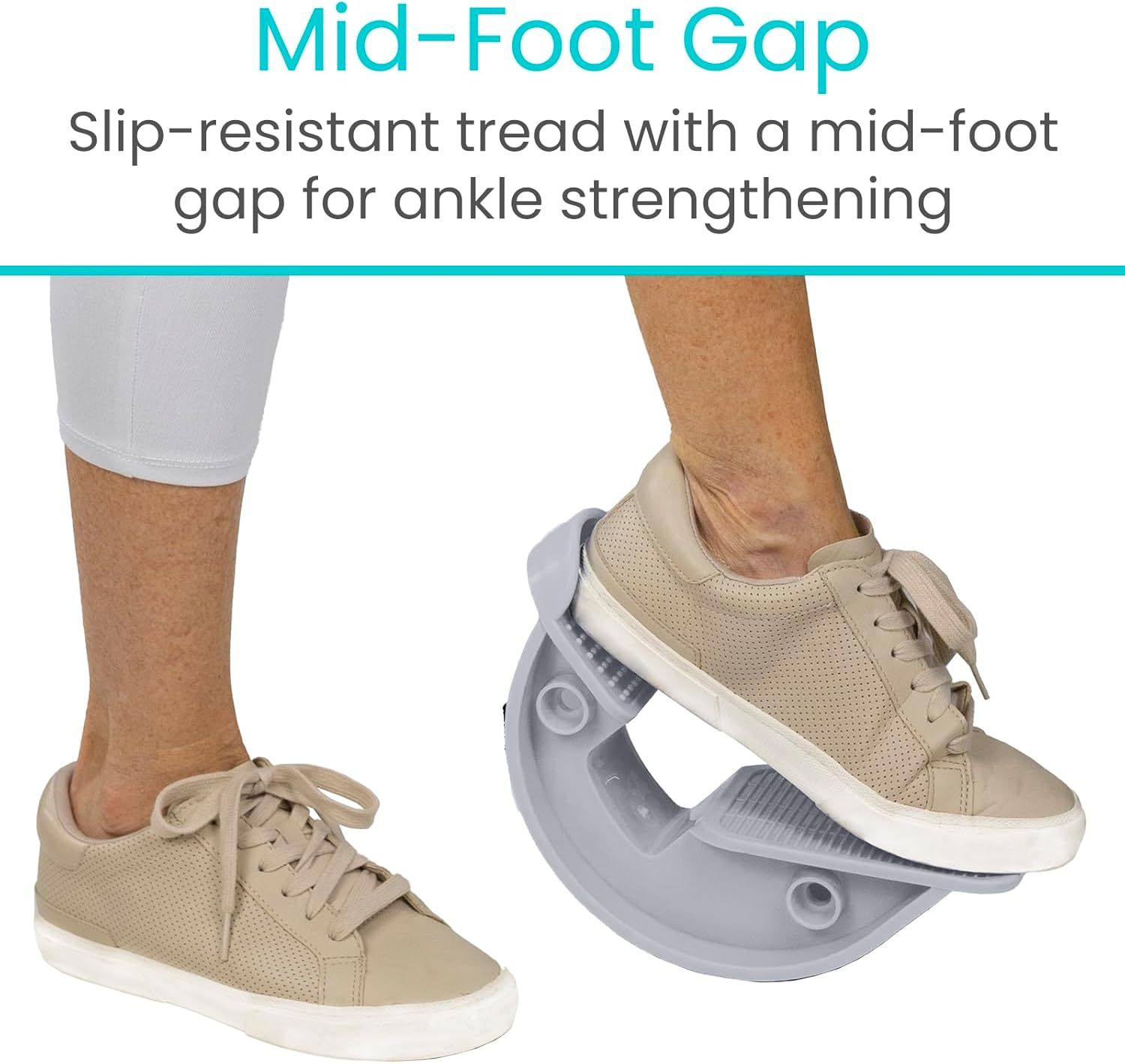 Highlights the product's unique mid-foot gap design feature that enables ankle strengthening exercises, showing how the physical structure of the product…