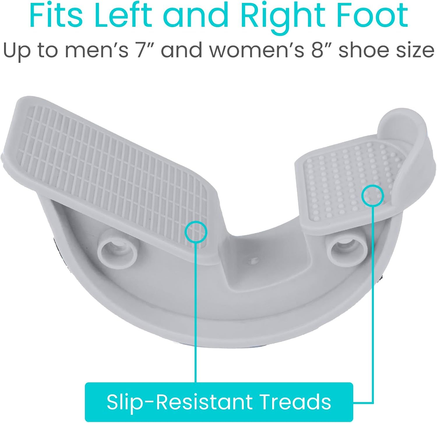 Highlights the product's slip-resistant tread feature and its compatibility with both left and right feet up to specific shoe sizes, reassuring shoppers of…