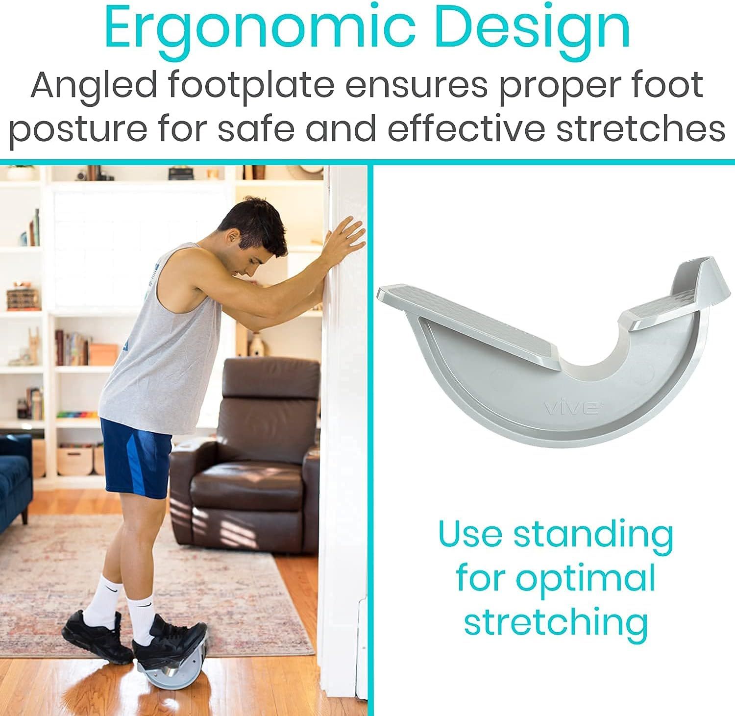 Communicates that the product's ergonomic design with an angled footplate ensures proper foot posture for safe and effective stretching, reassuring shoppers…