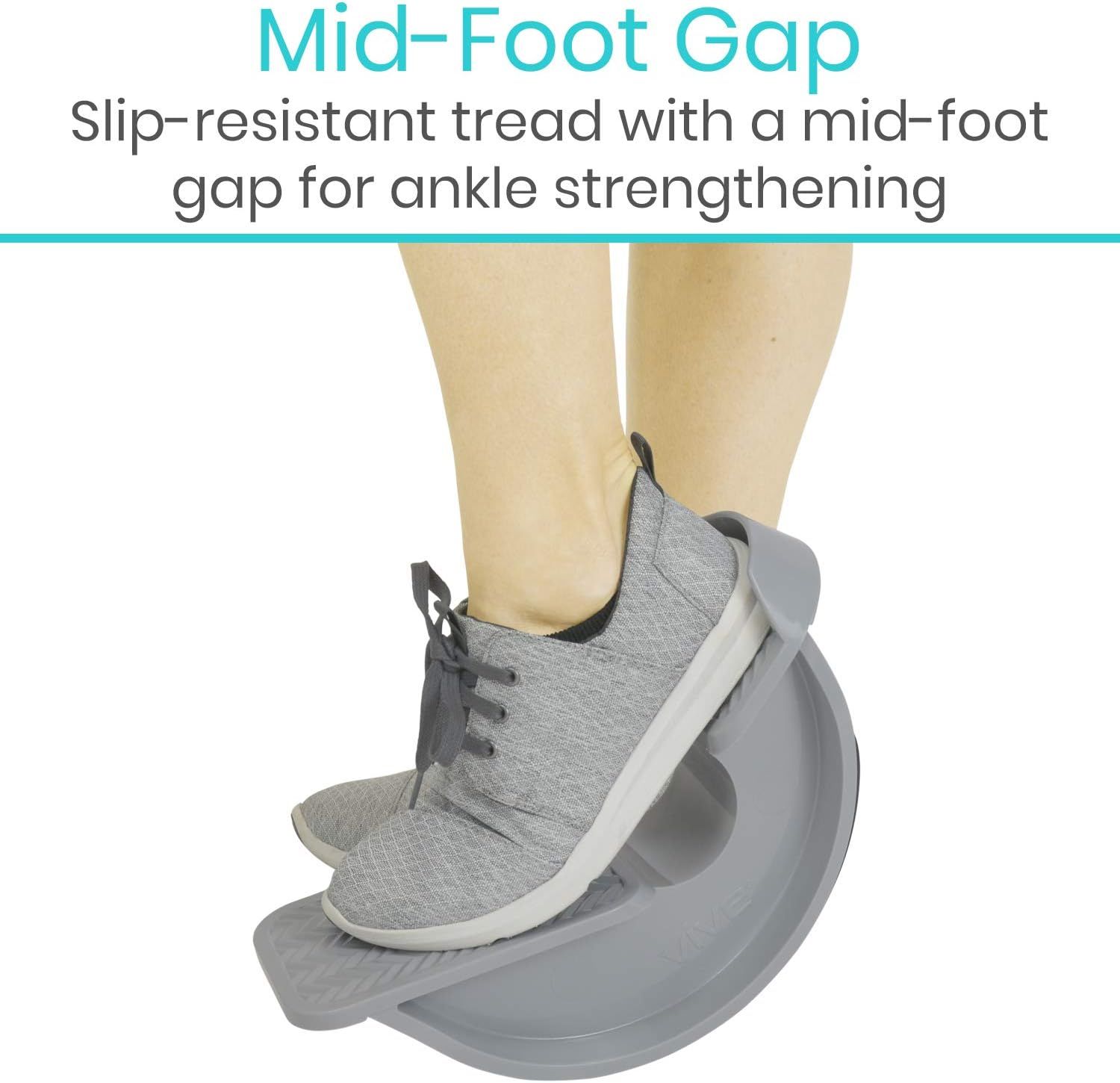 Highlights the product's mid-foot gap design feature that provides ankle strengthening benefits, along with slip-resistant tread for safety. Communicates the…