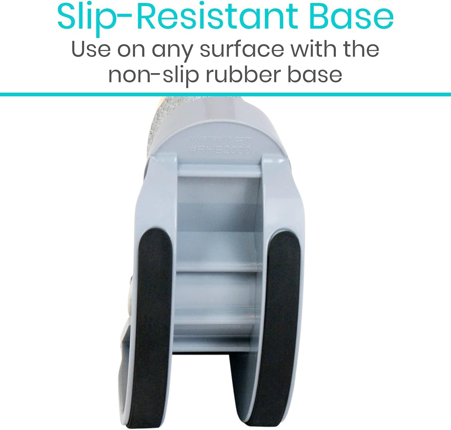 Highlights the product's slip-resistant rubber base feature to reassure shoppers that it can be safely used on any surface without sliding. Communicates the…