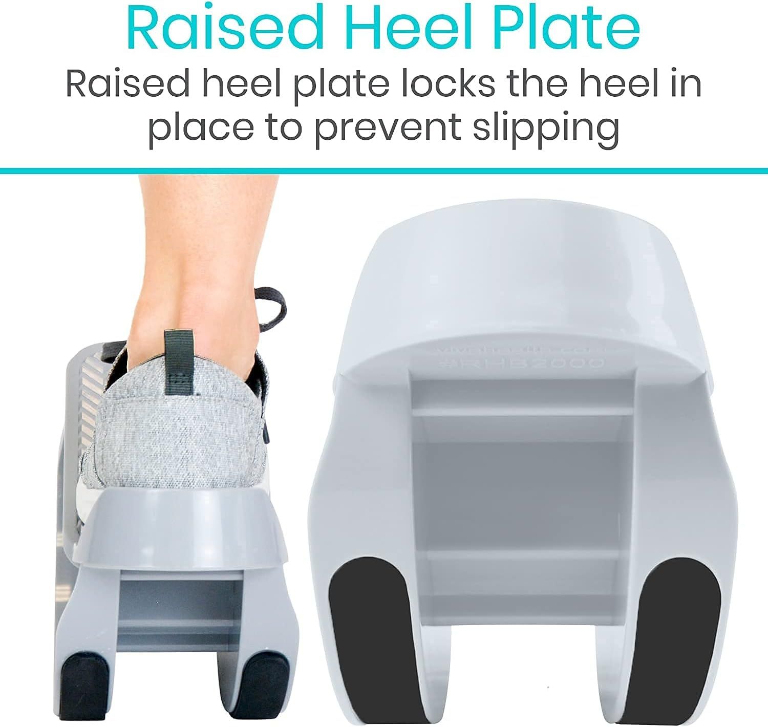Highlights the raised heel plate feature that locks the heel in place to prevent slipping, demonstrating a key safety and stability component of the product.…