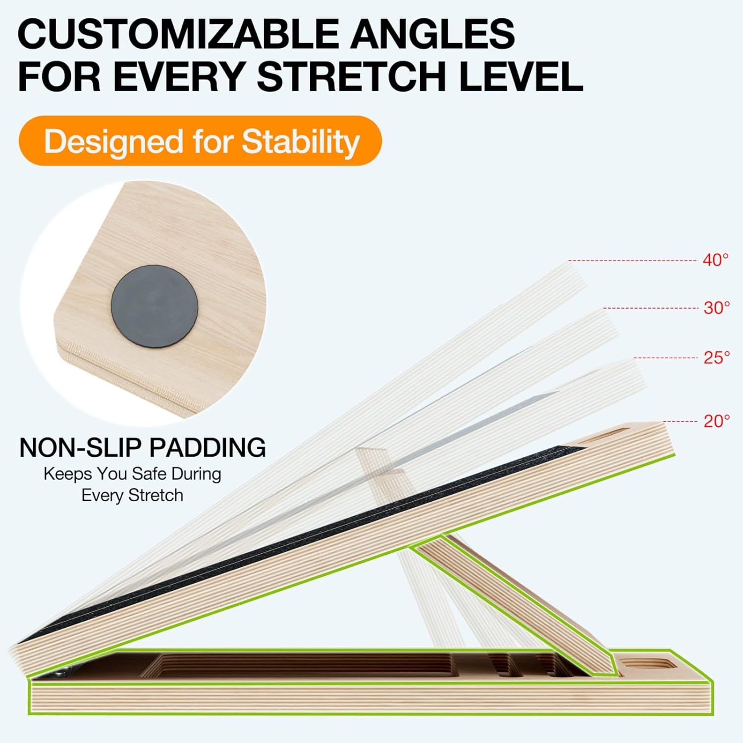 Communicates multiple key benefits of the stretching product: adjustable angle settings for different stretch levels and non-slip padding for safety and…