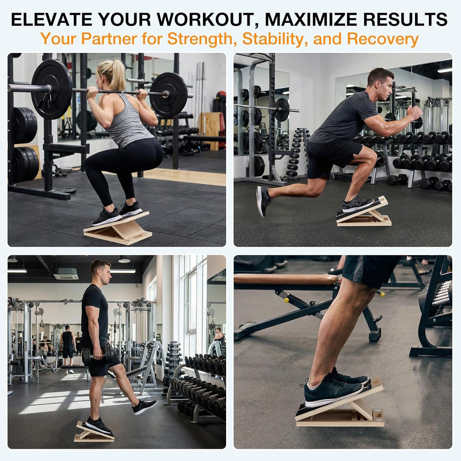 Demonstrates the product's versatility by showing it can be used for multiple different workout exercises including squats, lunges, and calf raises,…