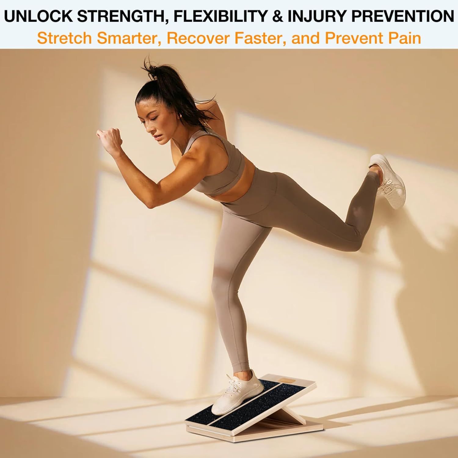 Communicates multiple distinct benefits of the product (strength, flexibility, injury prevention, and faster recovery) to show shoppers its comprehensive…