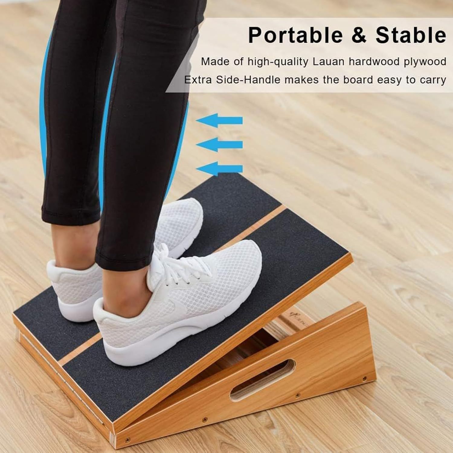 Communicates multiple benefits of the exercise step board: portability via side handle, stability through quality construction, and ease of transport,…