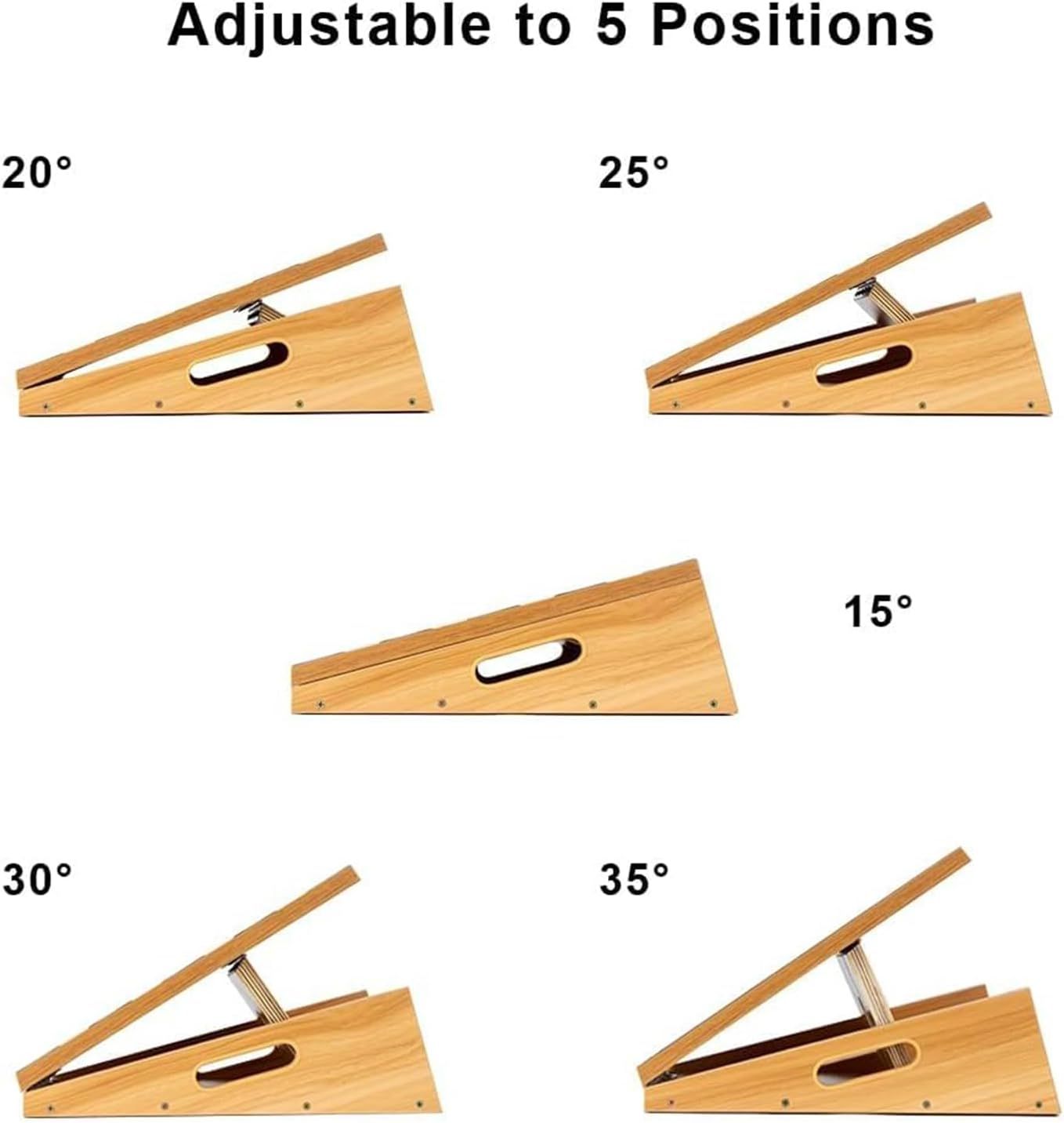 Demonstrates that the product (laptop/tablet stand) can be adjusted to 5 different angle positions (15°, 20°, 25°, 30°, 35°) to provide ergonomic comfort and…