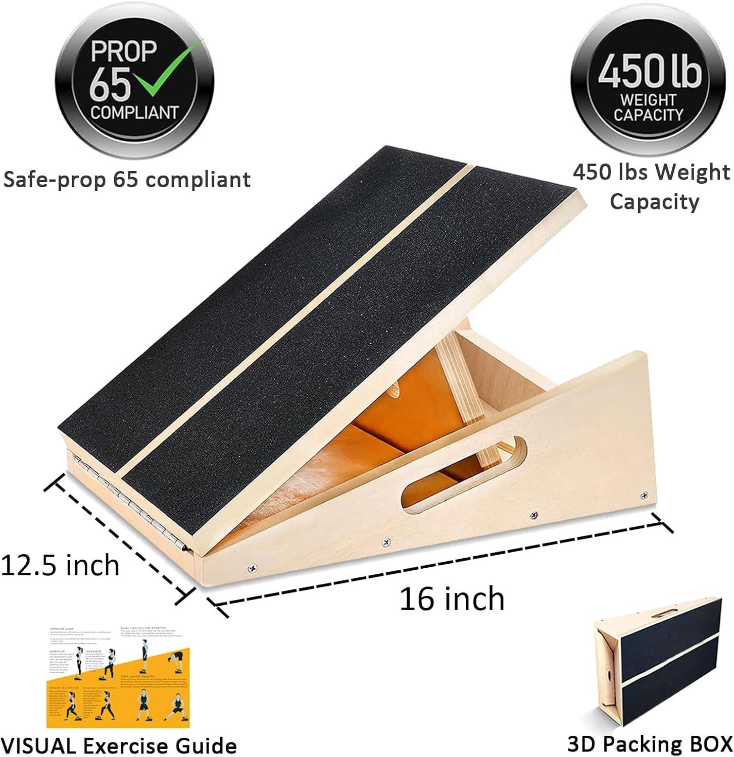 Communicates multiple key selling benefits in a segmented layout: safety compliance, high weight capacity, exact product dimensions, included exercise guide,…