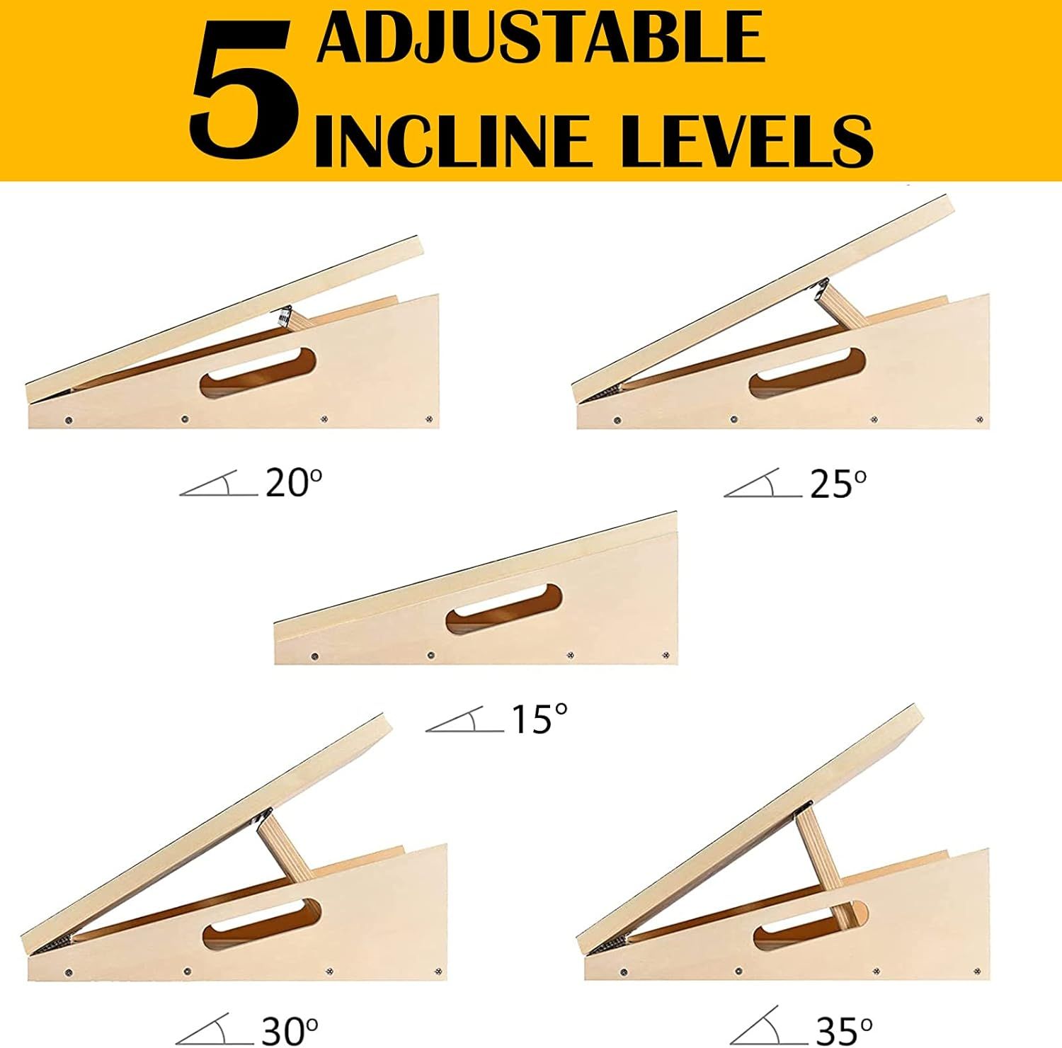 Communicates the product's adjustability feature by showing five distinct incline angle options, reassuring shoppers of customizable positioning for comfort or functionality. Highlights the core…