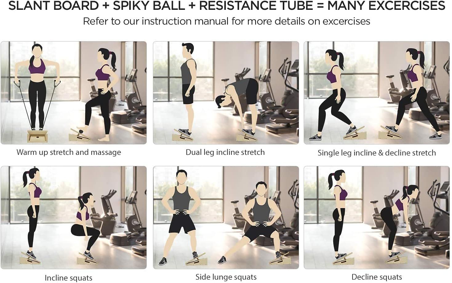 This image demonstrates multiple exercise variations using the slant board equipment to show shoppers the versatility and range of workouts possible with the…