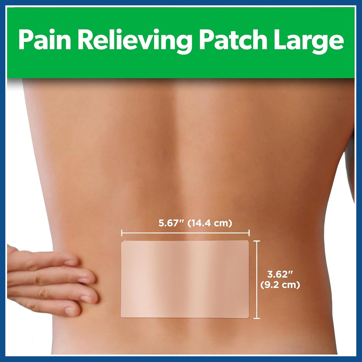 Communicates the exact physical dimensions of the pain-relieving patch (5.67 x 3.62 inches) to help shoppers understand the coverage area and ensure it fits their needs.