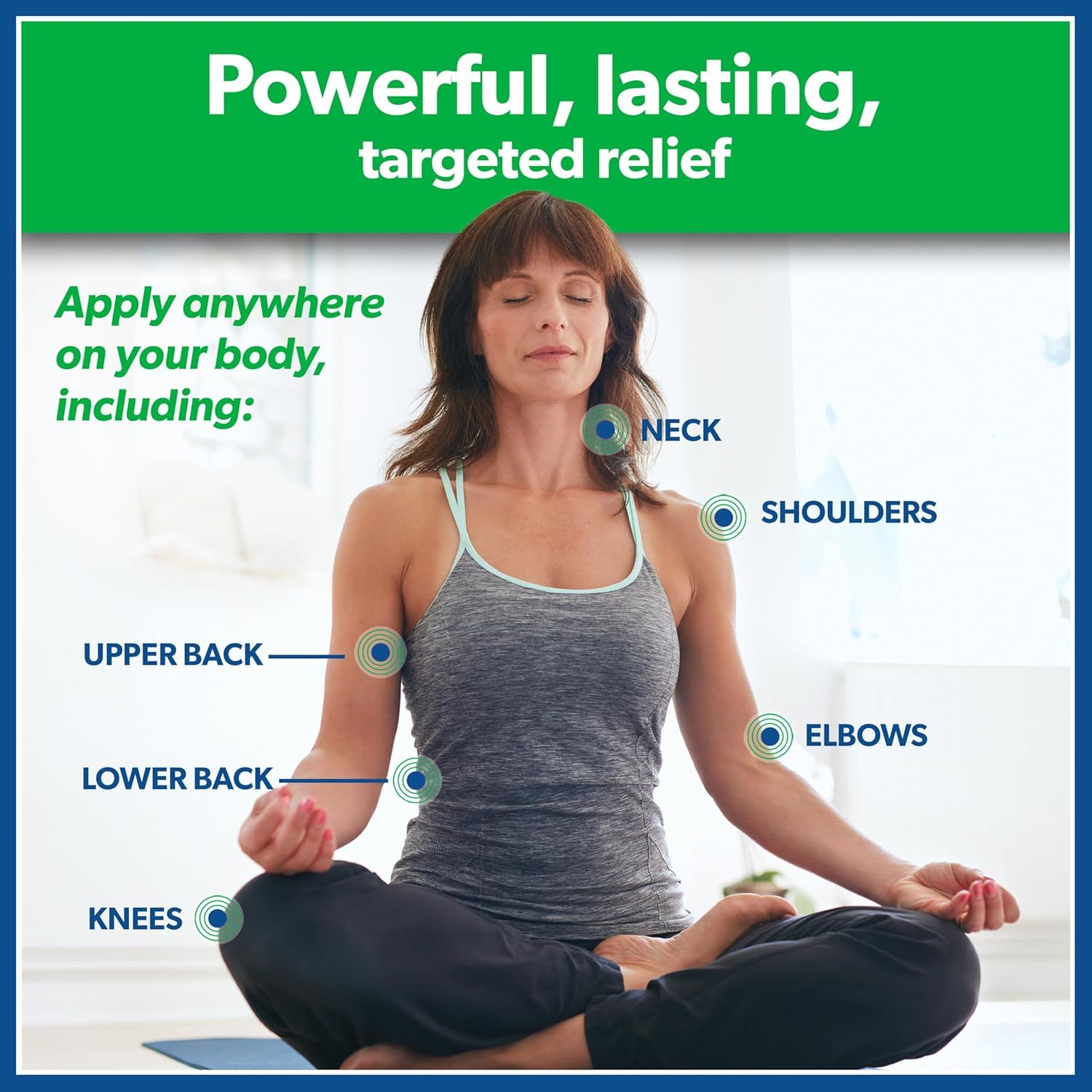 Demonstrates the versatility of the pain relief product by showing multiple body areas where it can be applied (neck, shoulders, upper back, lower back, elbows, knees), reassuring shoppers of its…