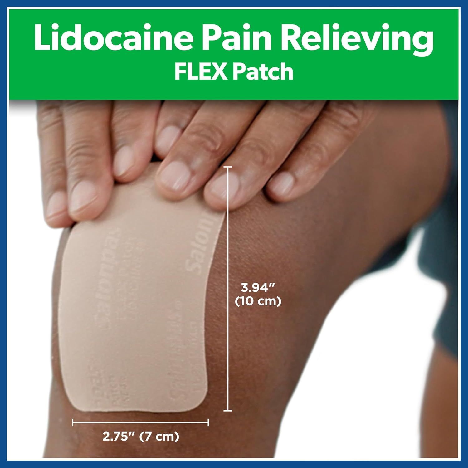 Communicates the exact physical dimensions of the pain relief patch to help shoppers understand the size and coverage area before purchase.