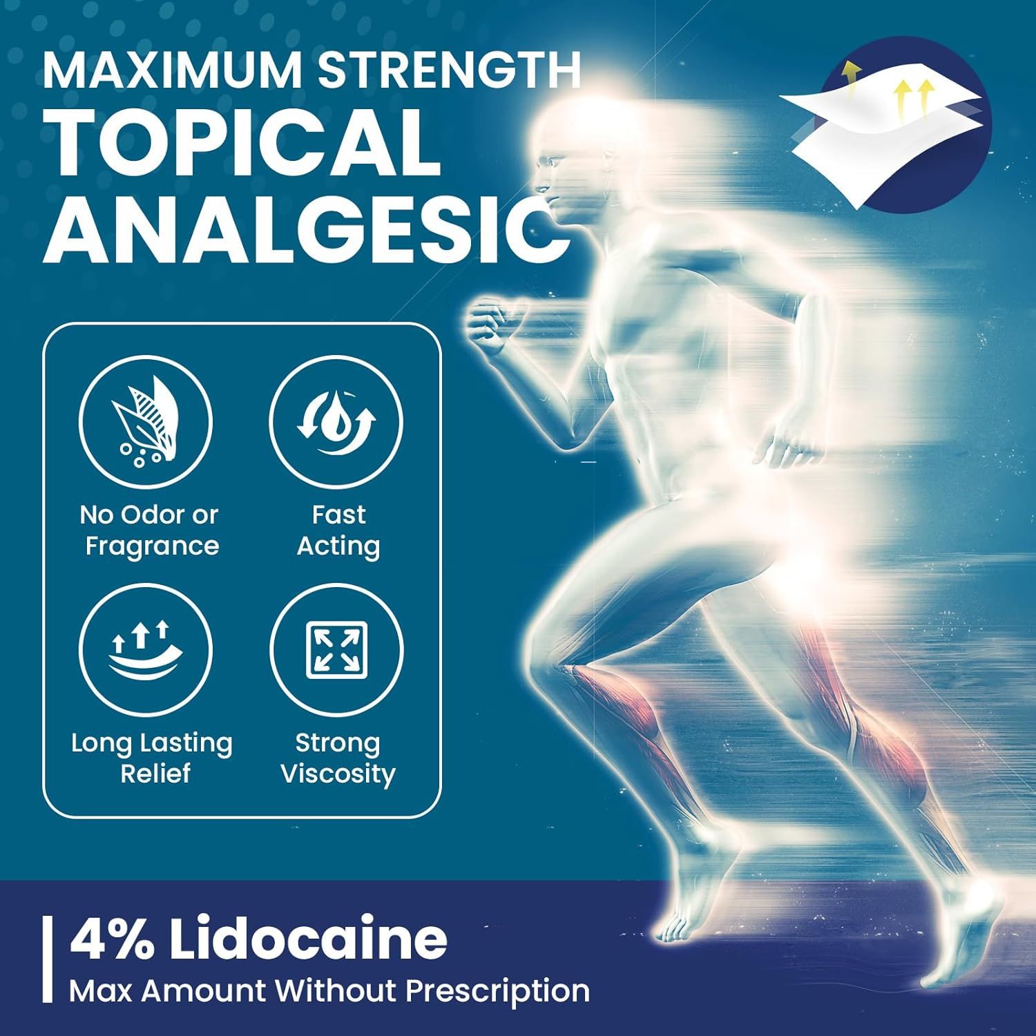 Communicates multiple key benefits of the topical analgesic product in a segmented layout, emphasizing its maximum strength formula, fast action, long-lasting…