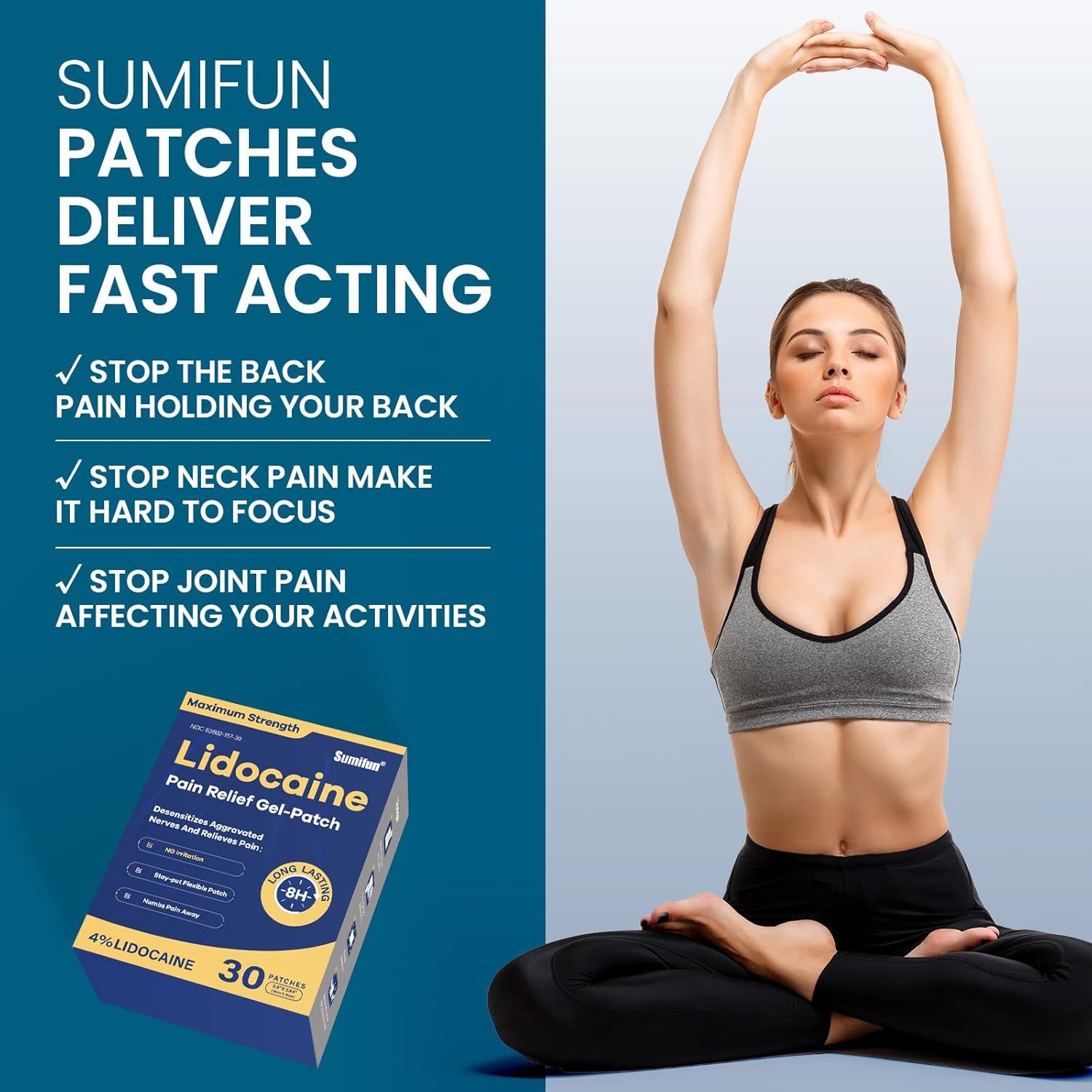 Communicates multiple distinct pain relief benefits of the lidocaine patches, showing how the product addresses back pain, neck pain, and joint pain to help…