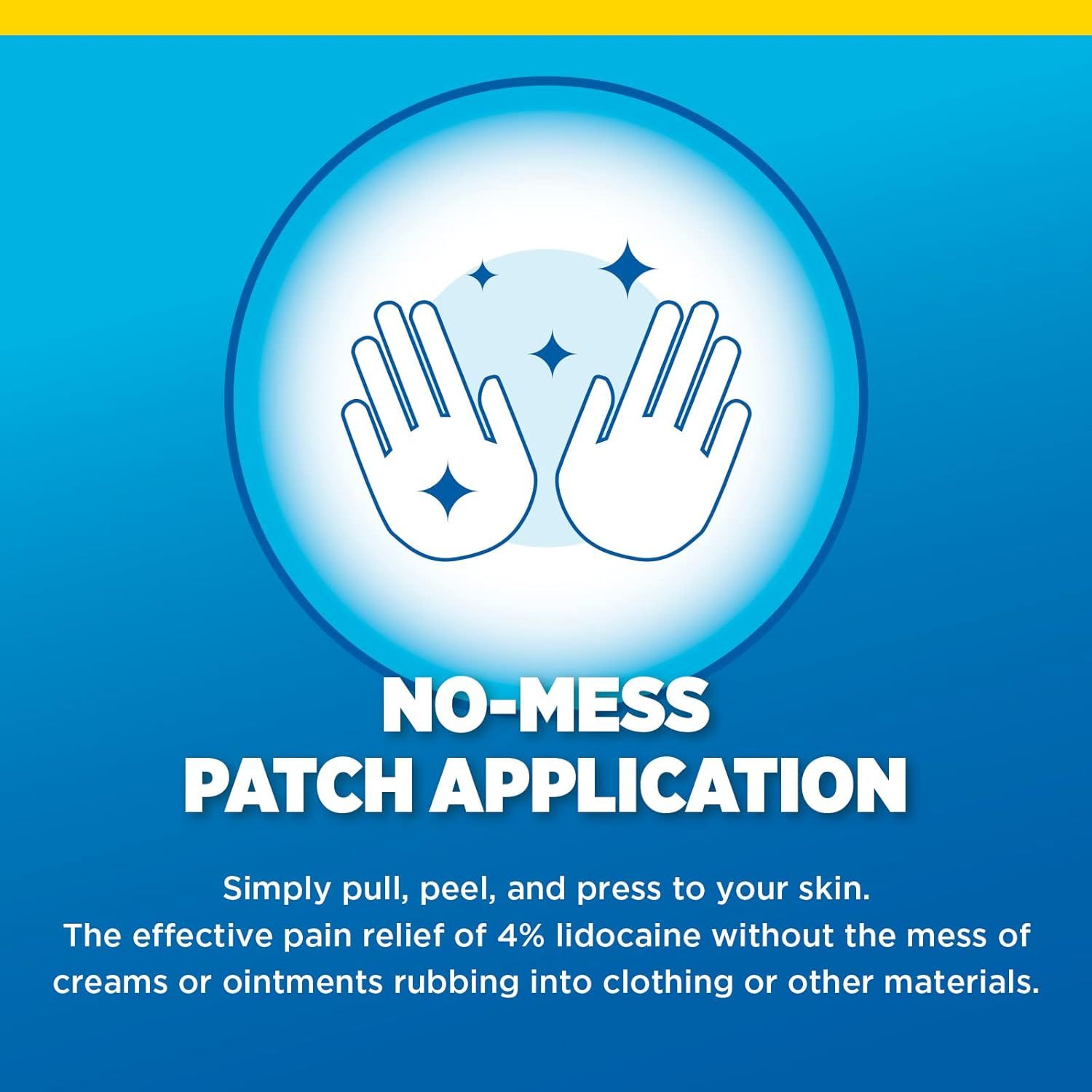 Communicates that the patch application is clean and convenient, avoiding the mess of creams or ointments rubbing onto clothing.