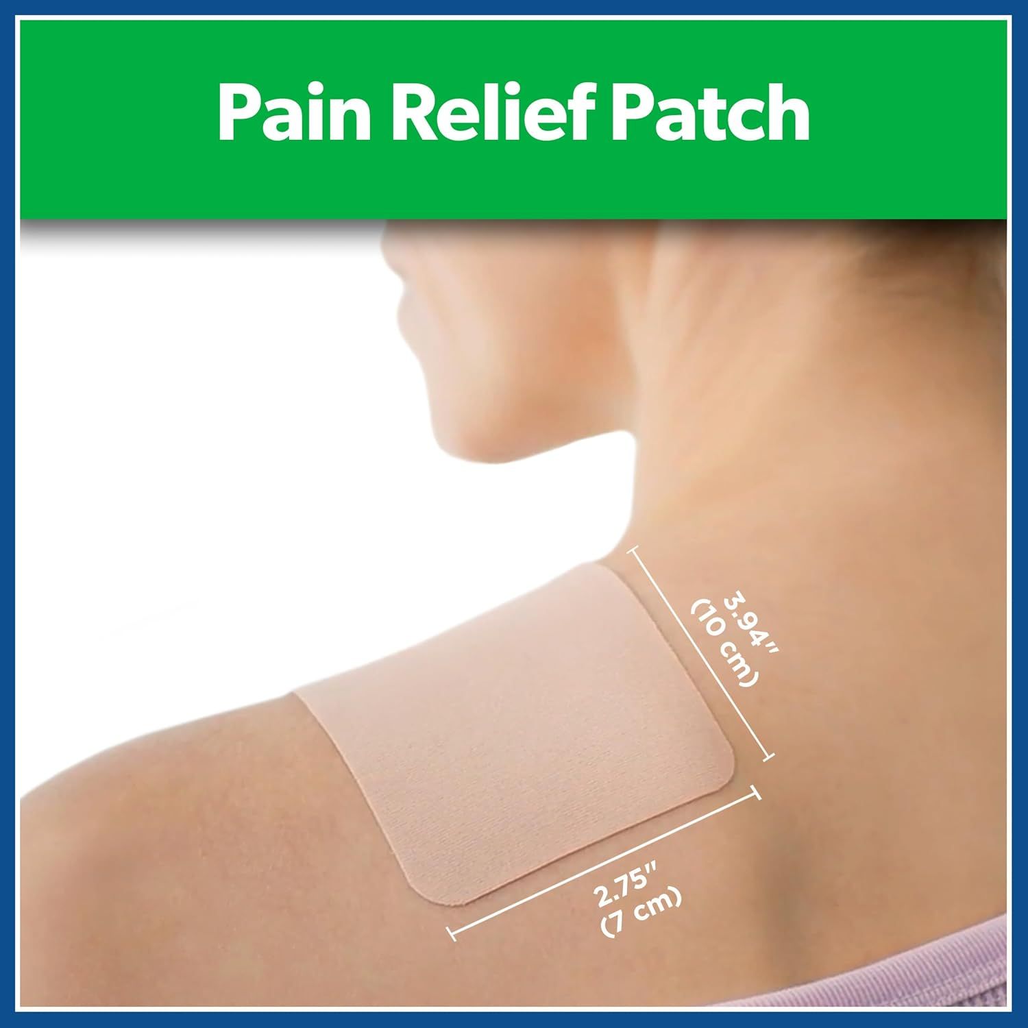 Communicates the exact physical size of the pain relief patch (3.94 inches by 2.75 inches) to help shoppers understand how large the patch is and whether it will fit their intended application area.