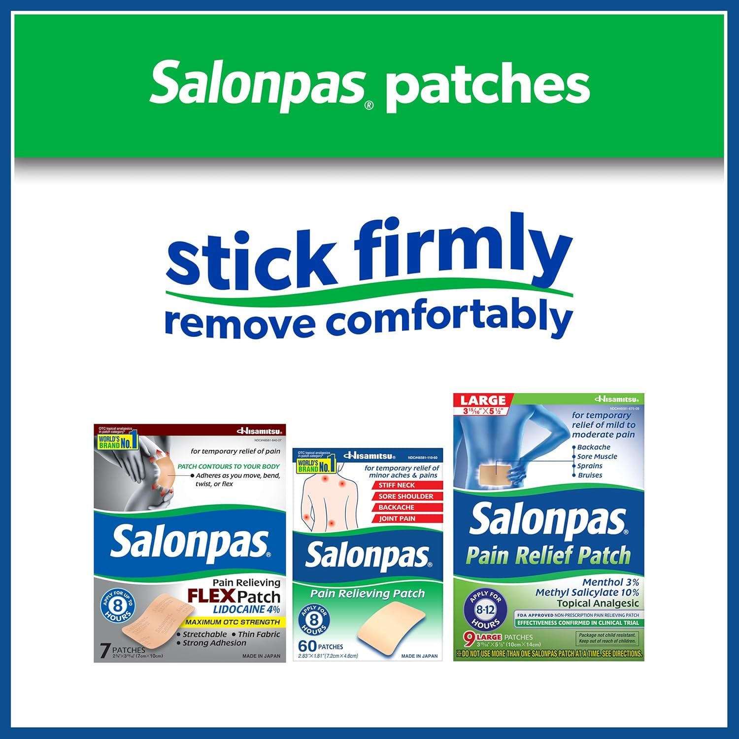 Displays the brand's product portfolio of pain relief patches in different sizes and formulations, helping shoppers understand the range of options available from Salonpas. Communicates the key…