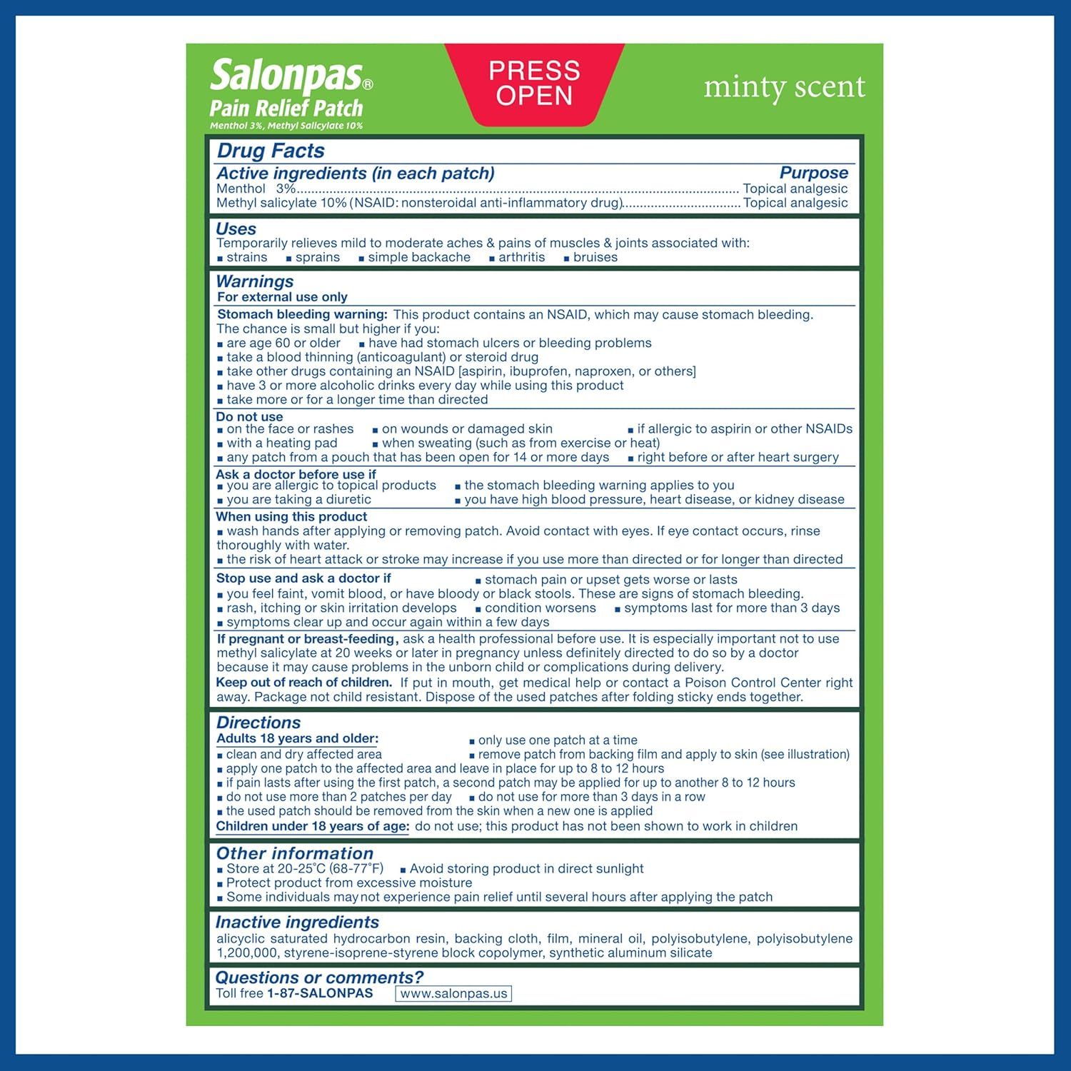 Displays the complete drug facts, warnings, directions, and ingredients information from the back of the pain relief patch packaging for regulatory compliance and consumer information.