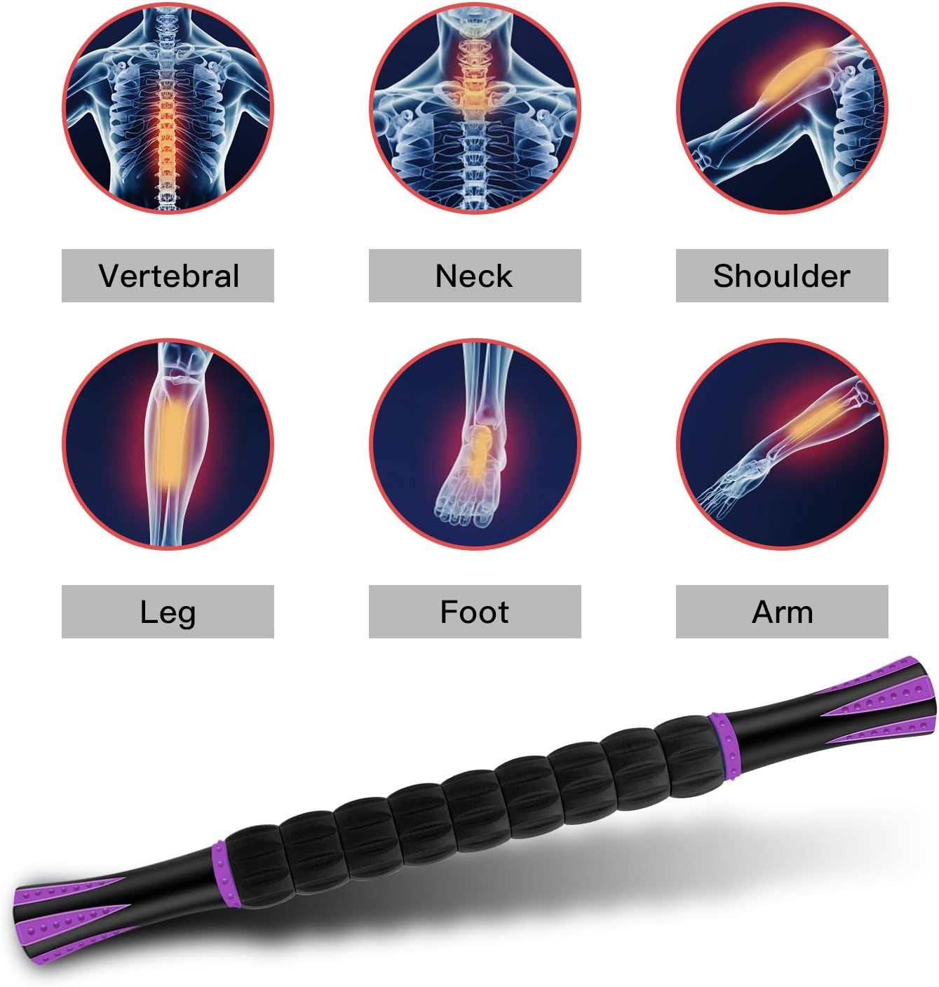 Demonstrates the versatility of the product by showing it can be used for pain relief across six different body areas: vertebral, neck, shoulder, leg, foot, and arm.