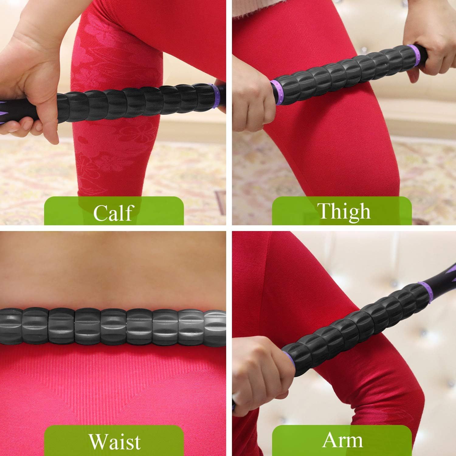 Demonstrates that the massage roller can be used on multiple body areas (calf, thigh, waist, and arm), showing its versatility and multi-purpose functionality.
