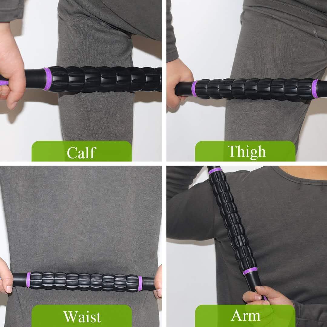 Demonstrates the product's versatility by showing it can be used on multiple body areas (calf, thigh, waist, and arm) for comprehensive muscle recovery and massage.