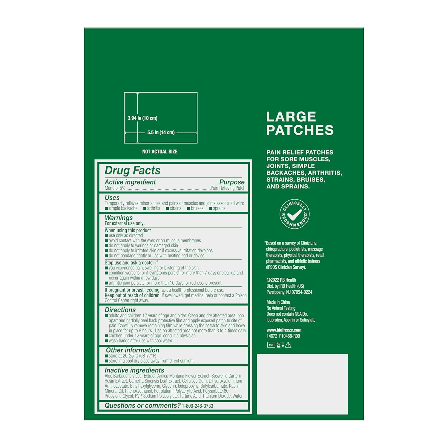 Communicates the physical size of the pain relief patches with exact measurements to help shoppers understand the coverage area and whether it fits their needs. Highlights multiple selling benefits…