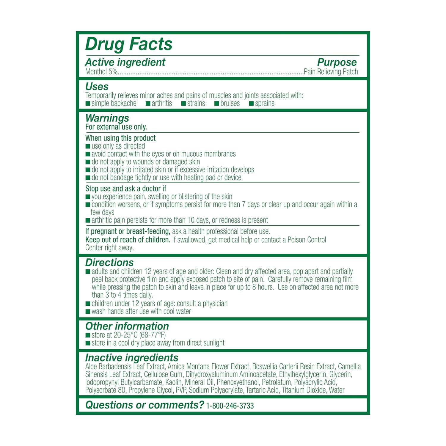 This image provides comprehensive product information including active ingredients, uses, warnings, directions, and other regulatory details required for a pain-relieving patch, helping shoppers…