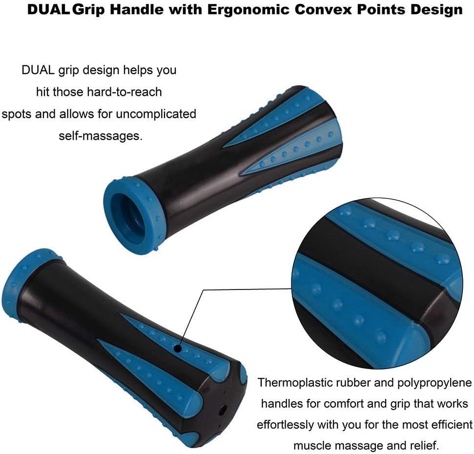 This image breaks down the physical design elements of the massage handle, highlighting the dual grip structure, ergonomic convex points, and material composition to show shoppers how the product is…