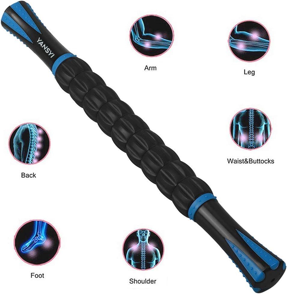 Demonstrates the versatility of the massage roller by showing it can be used on six different body areas: arm, leg, back, waist/buttocks, foot, and shoulder.