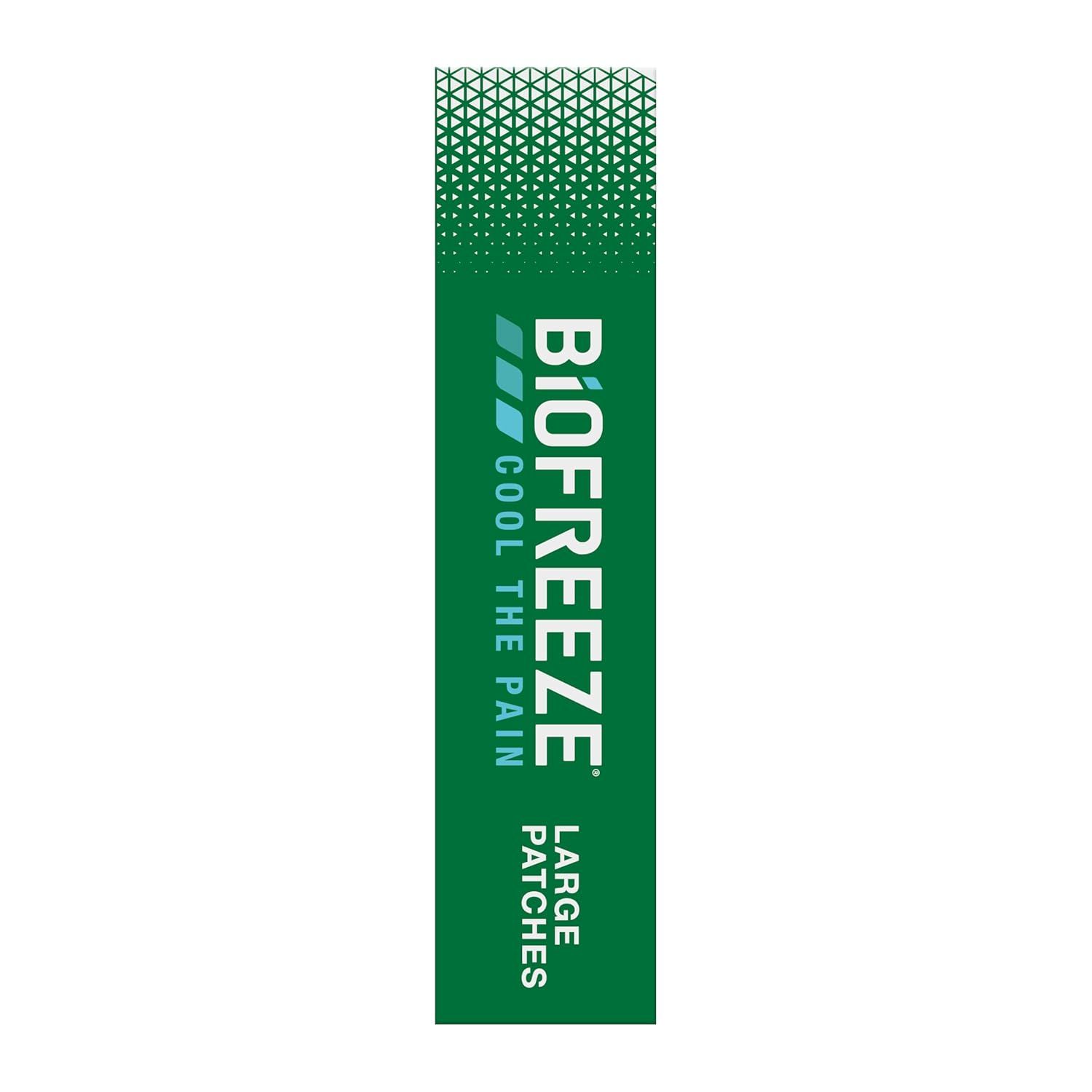 Communicates the brand name and product line (BIOFREEZE COOL THE PAIN, LARGE PATCHES) to build brand recognition and help shoppers identify the specific product variant.