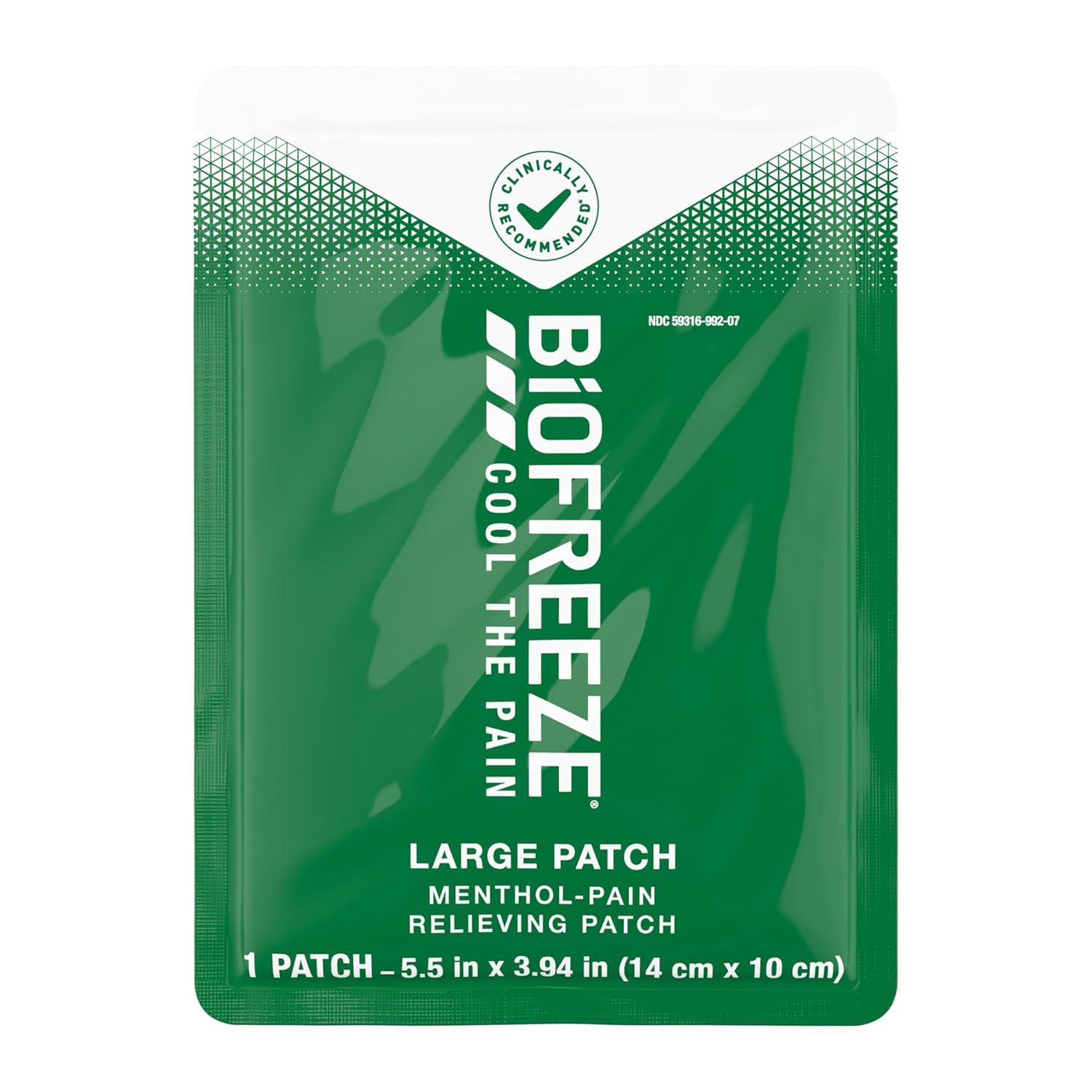 Communicates the exact physical size of the pain-relieving patch (5.5 x 3.94 inches / 14 x 10 cm) to help shoppers understand coverage area and fit for their needs. Displays the 'Clinically…