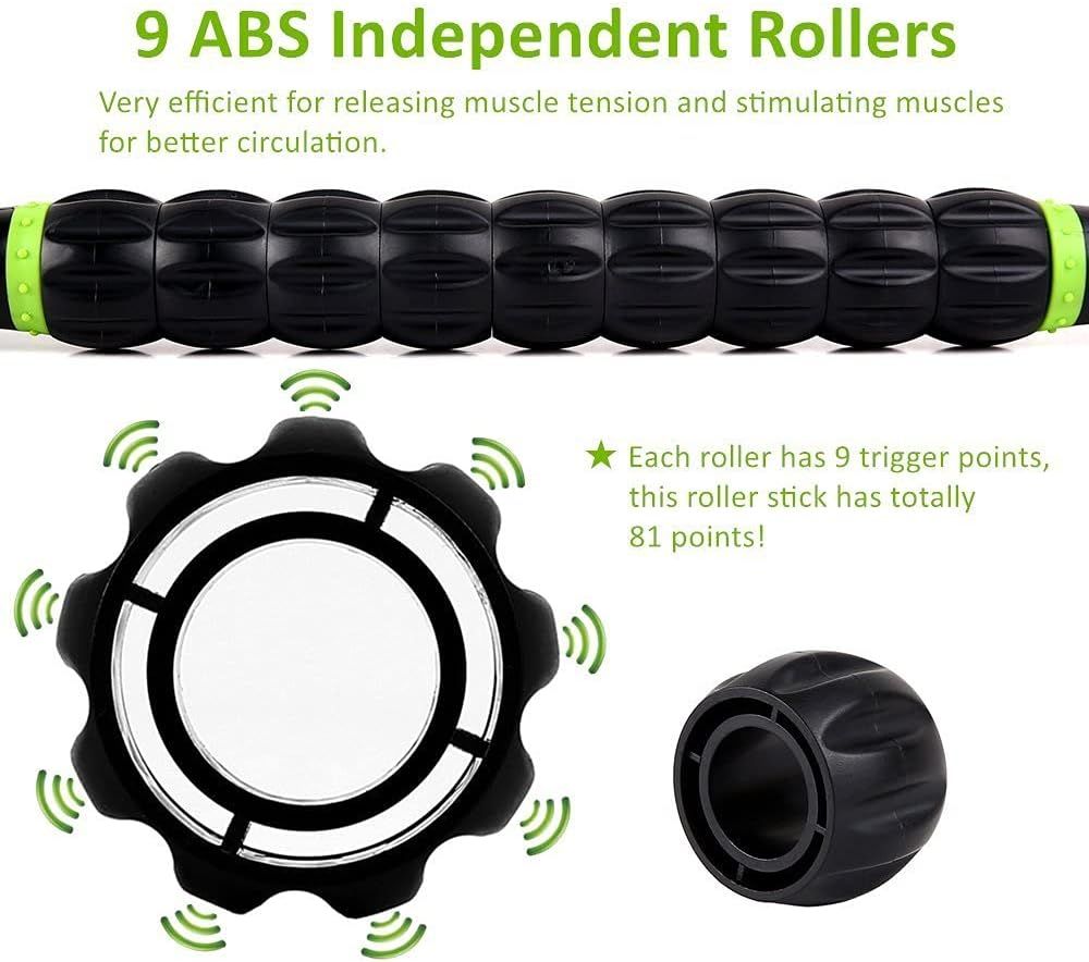 Breaks down the physical structure of the massage roller stick to show how the independent rollers and trigger points work to release muscle tension and improve circulation.