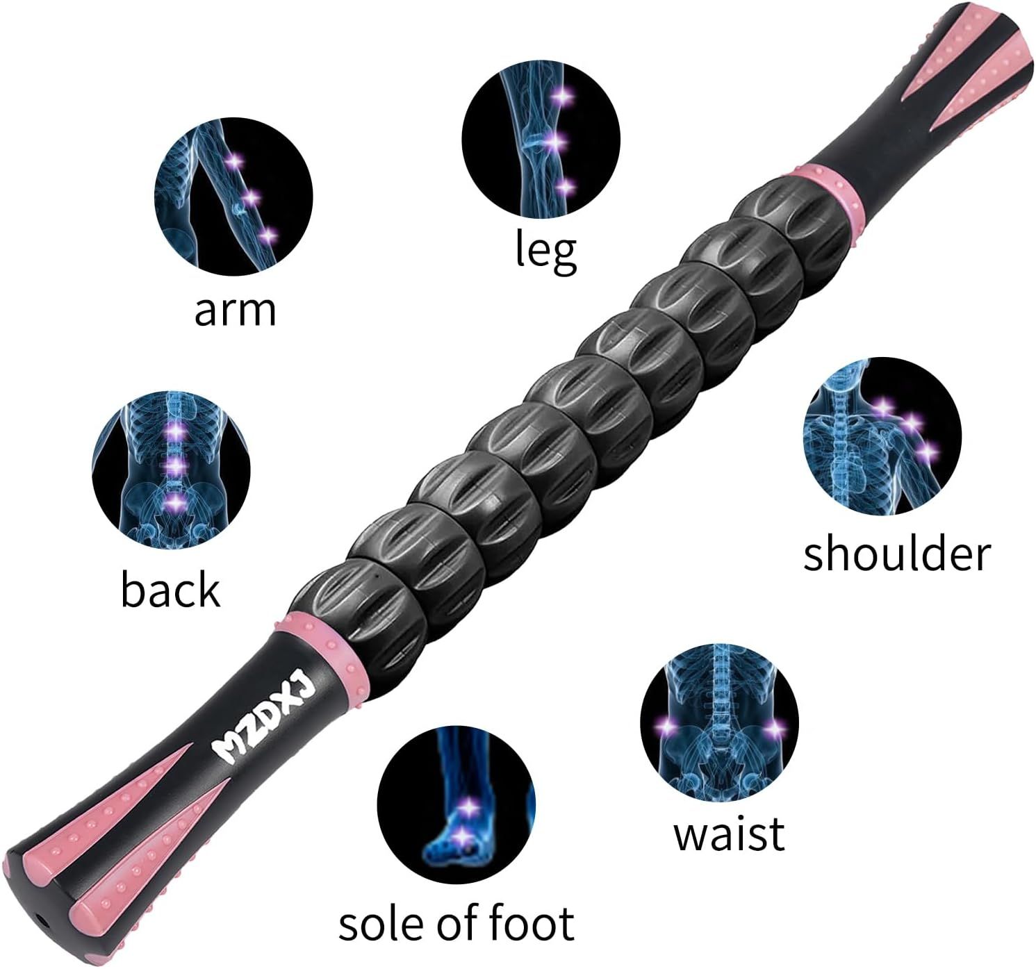 Demonstrates the versatility of the massage roller by showing it can be used on multiple body areas including arm, leg, back, shoulder, waist, and sole of foot.
