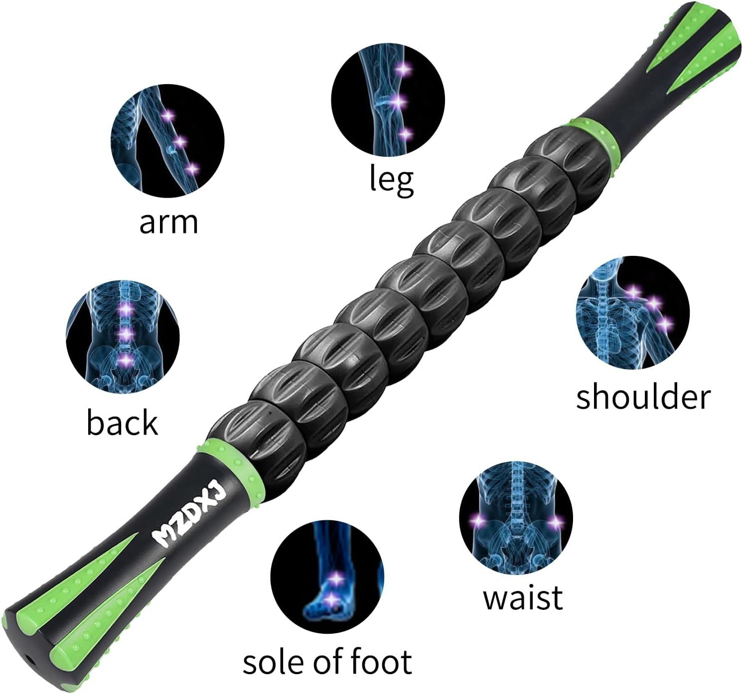 Demonstrates the versatility of the massage roller by showing it can be used on multiple body areas including arm, leg, back, shoulder, waist, and sole of foot.