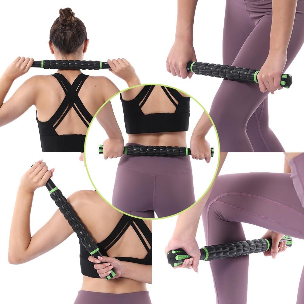 Demonstrates the versatility of the massage/exercise bar by showing multiple ways to use it for different body areas and workout positions, reassuring shoppers of its multi-functional value.