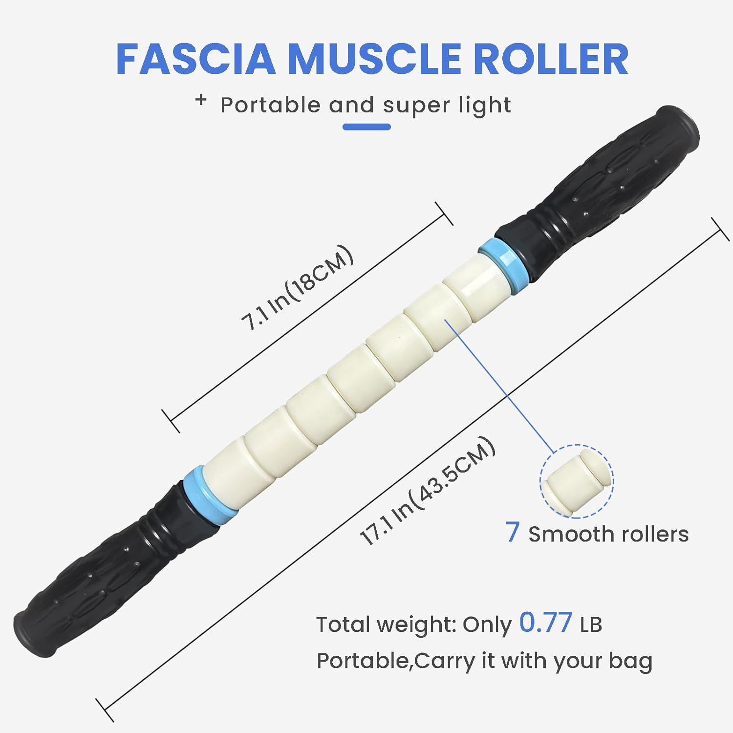 Communicates the exact physical dimensions and weight of the fascia muscle roller to reassure shoppers that it is portable, lightweight, and easy to carry in a bag. Highlights the physical…