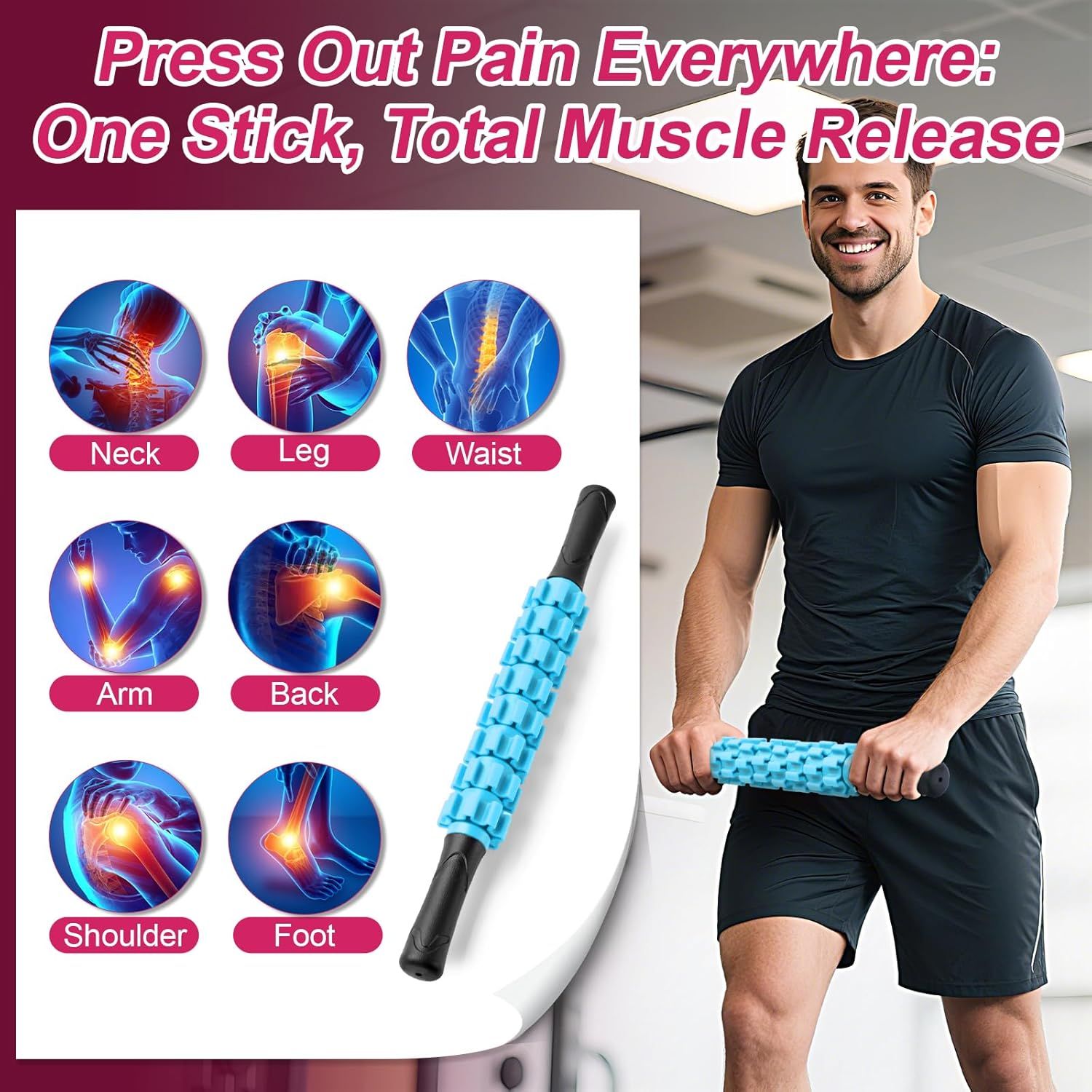 Demonstrates the versatility of the muscle roller stick by showing it can be used to relieve pain and tension in seven different body areas, reassuring shoppers of its comprehensive full-body…