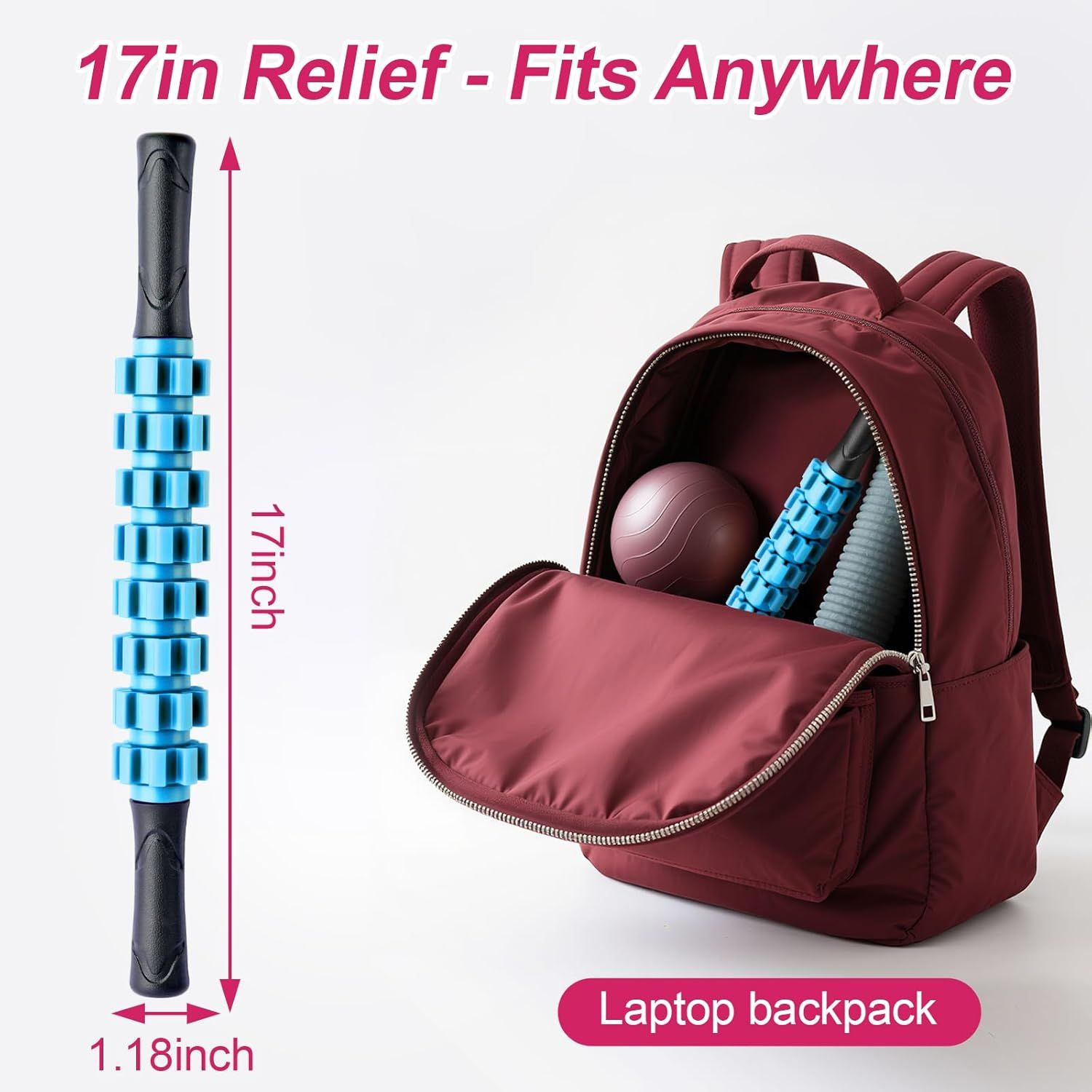 Demonstrates the product's compact 17-inch size with exact measurements to reassure shoppers it will fit easily in bags and is highly portable. Highlights the key benefit that the massage roller is…