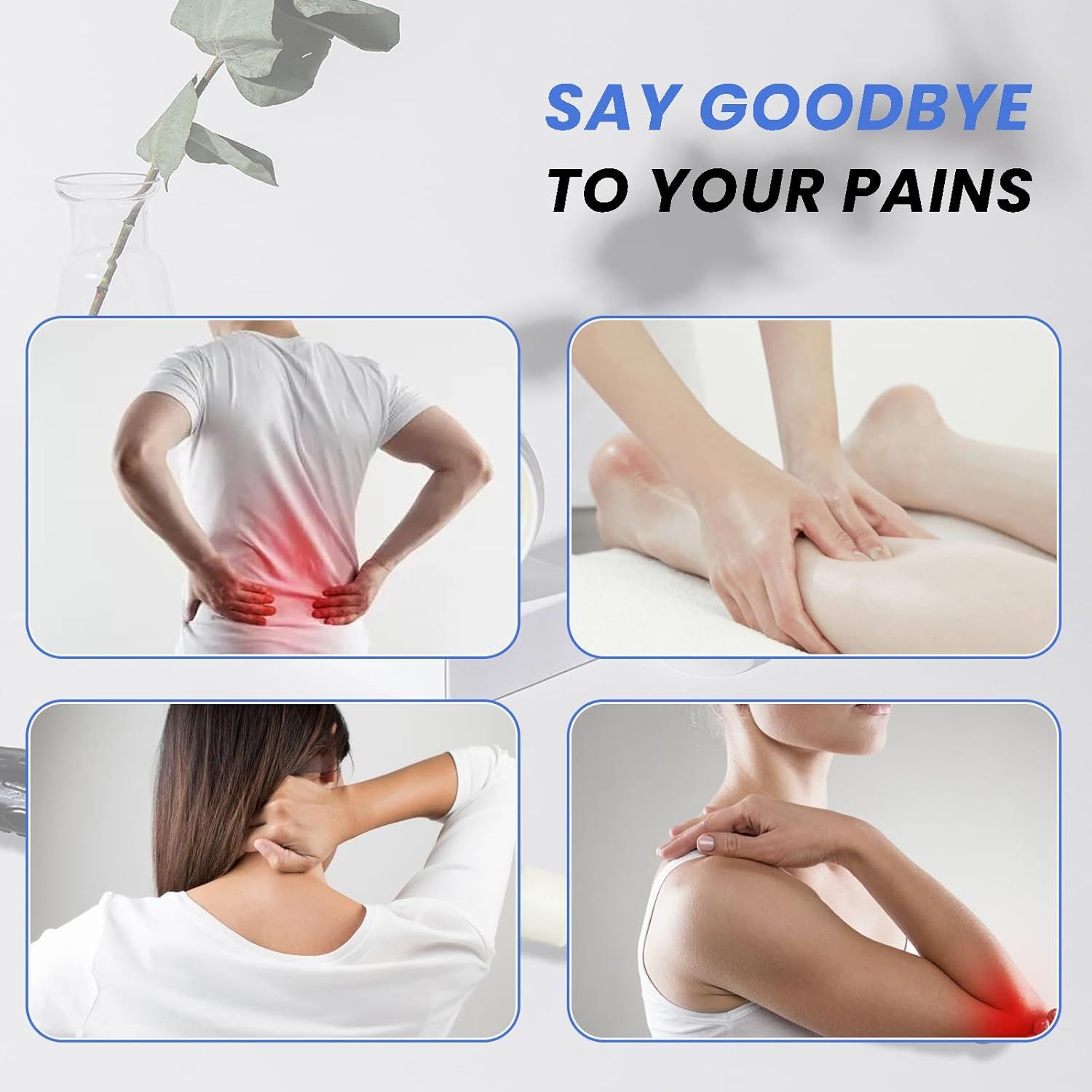 Demonstrates the product's versatility by showing it can be used for pain relief in multiple body areas including back, legs, neck, and shoulder, reassuring shoppers of its broad applicability.
