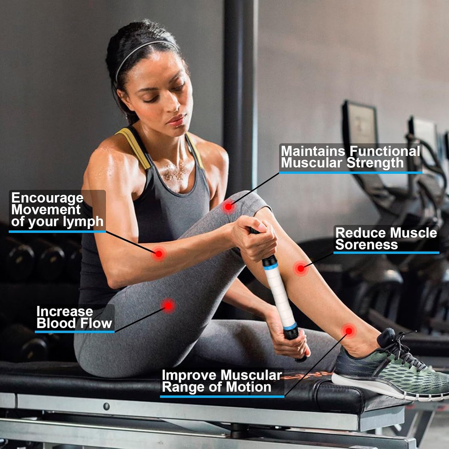 Communicates multiple health and recovery benefits of using the massage device, reassuring shoppers of its comprehensive therapeutic value for post-workout recovery and muscle health.